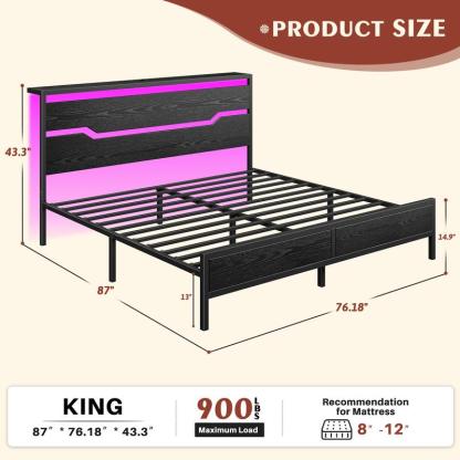 Marco de cama de madera para cama Queen King Full con cabecero y estante de almacenamiento, marco de cama tamaño Queen con luces LED y estación de carga, sin colchón, soporta hasta 900 libras con listones y marco de metal, sin ruido