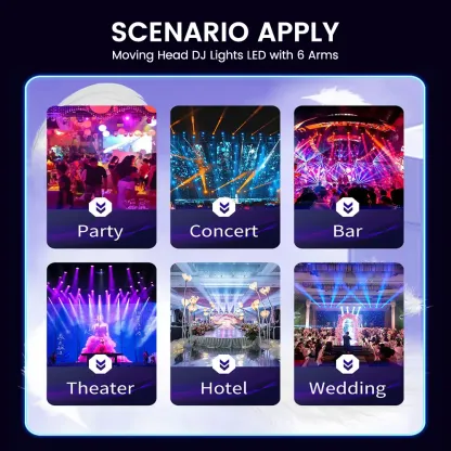 Luces DJ con cabeza móvil para fiestas – LED RGBW 6 en 1, 6 brazos, compatible DMX-512 y activación por sonido