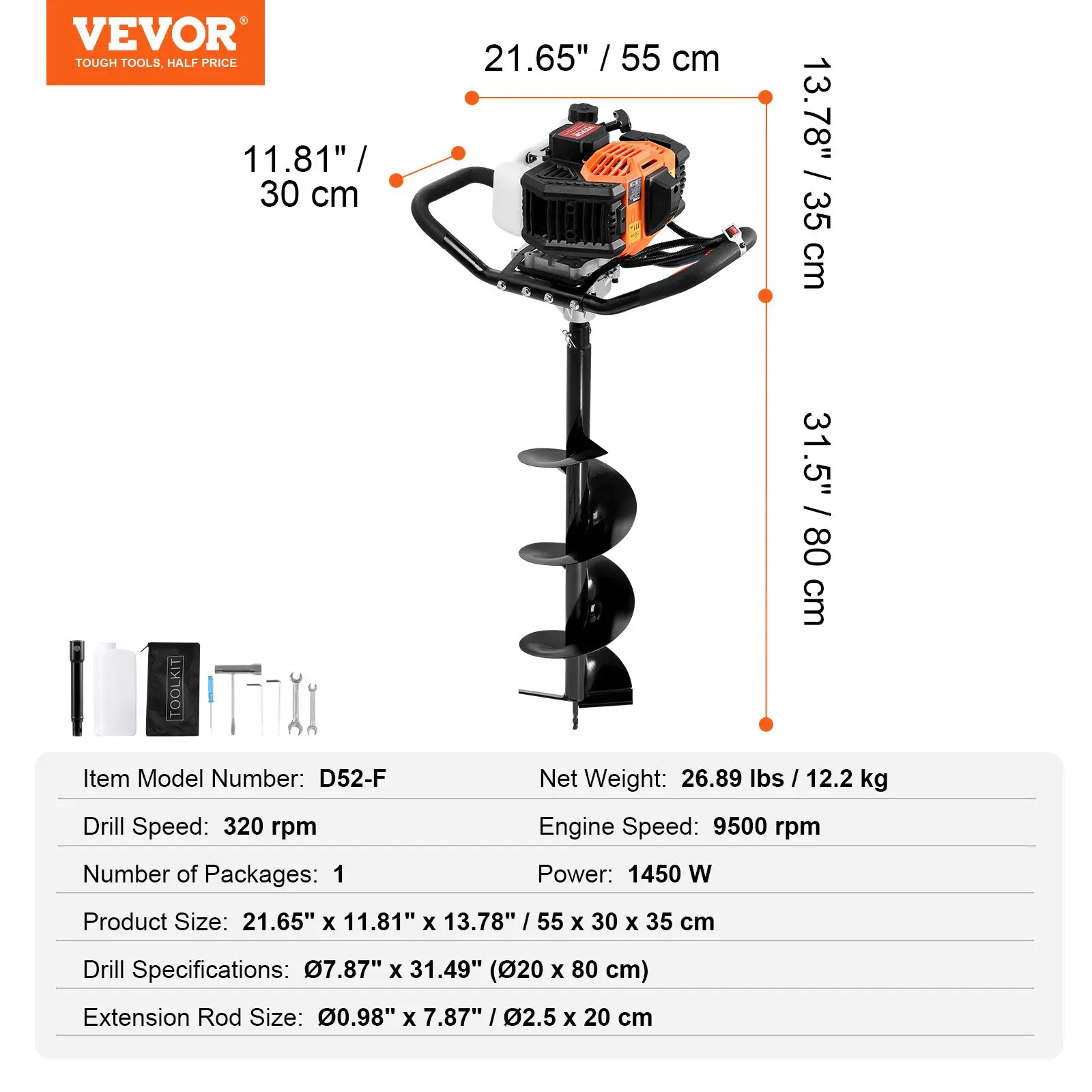 Ahoyador para postes VEVOR — TikTokShopBlackFriday — Ahoyador de barrena de 52 cc y 1450 W — Excavadora de tierra a gasolina con dos brocas de 6" y 10" y 3 varillas de extensión — Ideal para terrenos agrícolas, jardines y plantaciones — Certificación EPA 