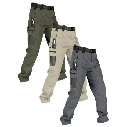 Pantalones de trabajo tácticos impermeables para hombre (color liso) — Set de 3 piezas: sin cinturón, multibolsillos, duraderos; ideales para senderismo al aire libre y uso casual.