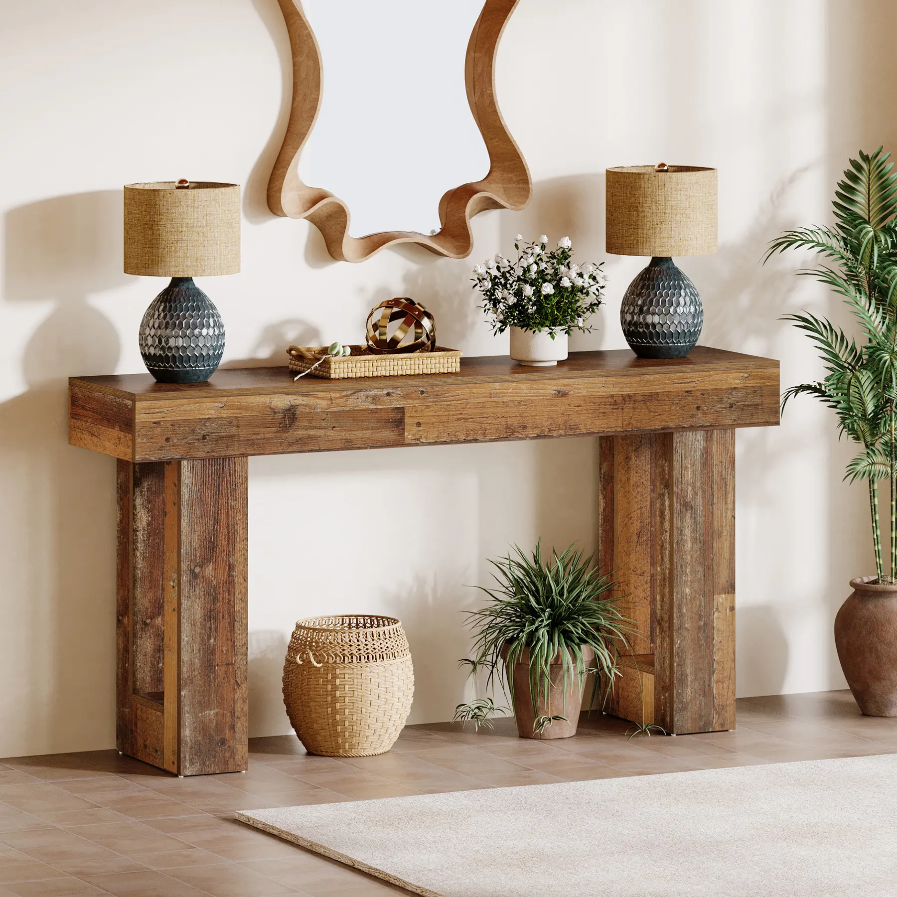 Mesa consola de 160 cm de largo, mesa rectangular de madera para sofá, mesa de entrada rústica para entrada, pasillo y sala de estar (natural) moderna.