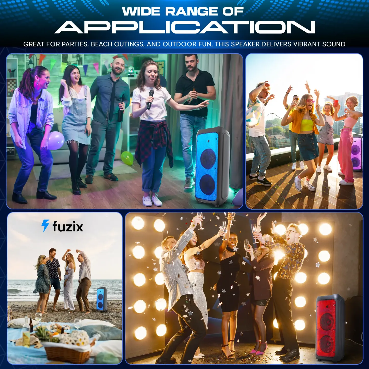 Altavoz Bluetooth portátil y recargable para karaoke: micrófonos inalámbricos duales, luces LED dinámicas, radio FM, USB, tarjeta Micro SD y control remoto.