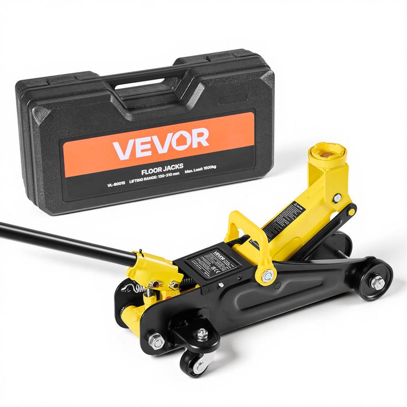 Gato de piso de perfil bajo, capacidad de 1,5 toneladas (3300 lb), gato de piso de acero para carreras con bomba de elevación rápida de un solo pistón, elevador hidráulico para autos deportivos y sedanes, rango de elevación de 5,1 a 12,2 pulgadas.