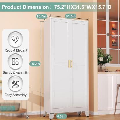 Alacena de 190 cm de alto, armario de cocina con 2 puertas y 5 estantes ajustables, de metal blanco, ideal para cocina, comedor, sala y baño.