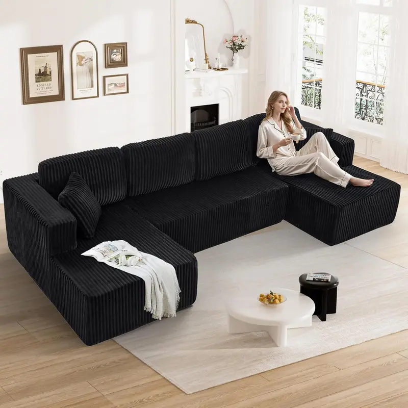 [Envío de 3 o 2 paquetes] [Sofá seccional] Sofá seccional modular en forma de U, tela de pana comprimida, sofá cama de estilo moderno para sala de estar, diseño reclinable que ahorra espacio - Sofá seccional convertible de pana