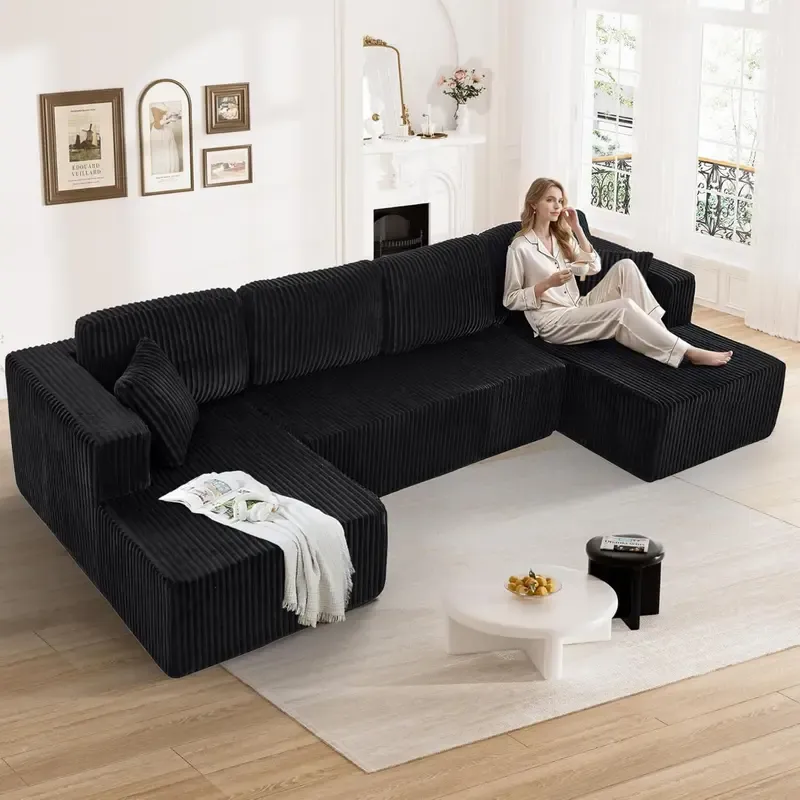 [Envío de 3 o 2 paquetes] [Sofá seccional] Sofá seccional modular en forma de U, tela de pana comprimida, sofá cama de estilo moderno para sala de estar, diseño reclinable que ahorra espacio - Sofá seccional convertible de pana