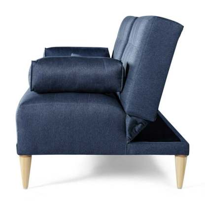 Sofá Cama de Lino Azul Makora Con Portavasos Modelo Queen