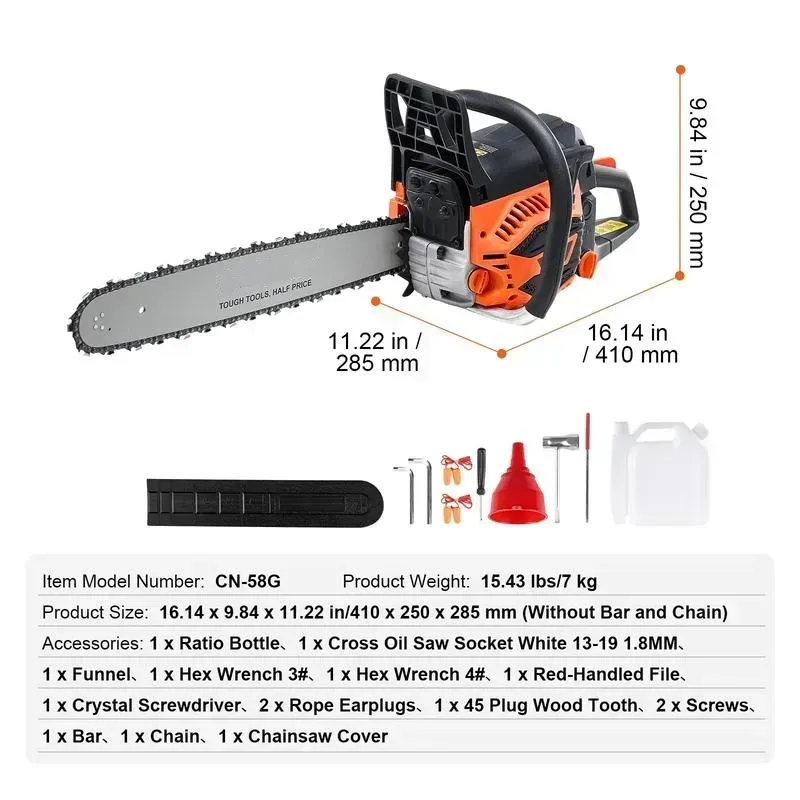 VEVOR Gas Chainsaw, Various specifications, Gasoline Powered Chain Saw, Handheld Cordless Petrol Chainsaws for Tree Wood Branch Cutting, Tree Trimming, Land Clearing, Farm Garden Ranch Forest Cutting Use