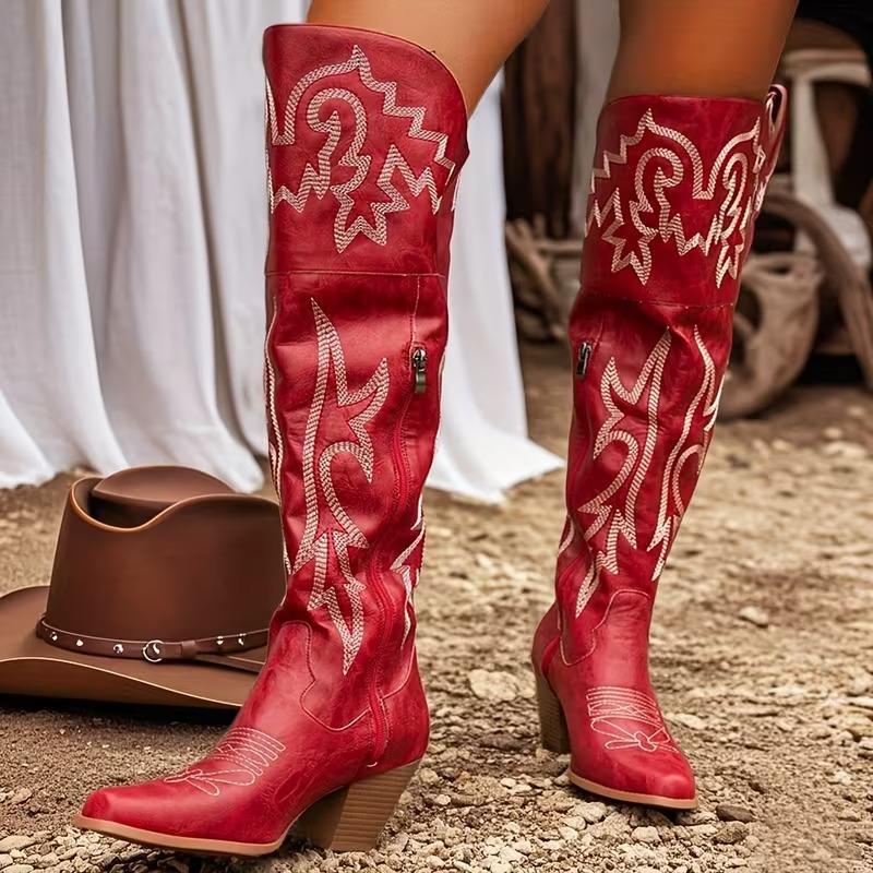 Botas vaqueras altas hasta la rodilla para mujer, estilo vintage, con plataforma bordada y puntiaguda, por encima de la rodilla, con punta cuadrada y tacón grueso, para vacaciones.