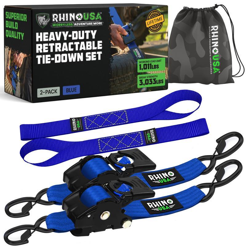 Correas de Amarre con Trinquete Retráctil Rhino USA 2” x 10’ – Paquete de 2 o 4, Uso Rudo, Resistencia 3,033 lb, para Camión y Remolque