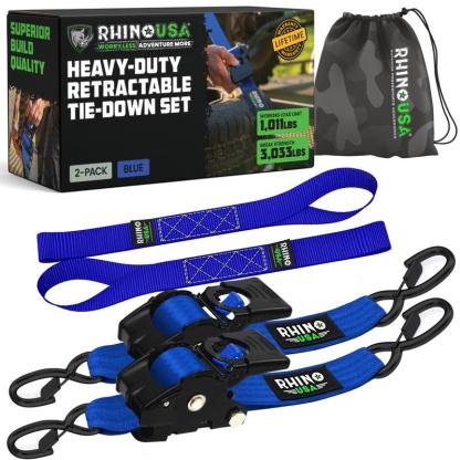 Correas de Amarre con Trinquete Retráctil Rhino USA 2” x 10’ – Paquete de 2 o 4, Uso Rudo, Resistencia 3,033 lb, para Camión y Remolque