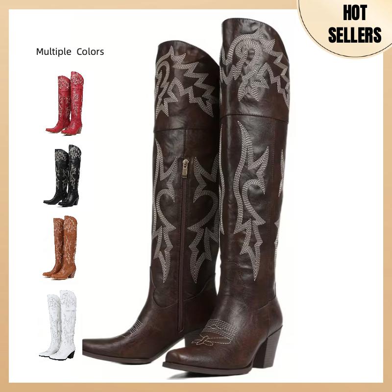 Botas vaqueras altas hasta la rodilla para mujer, estilo vintage, con plataforma bordada y puntiaguda, por encima de la rodilla, con punta cuadrada y tacón grueso, para vacaciones.