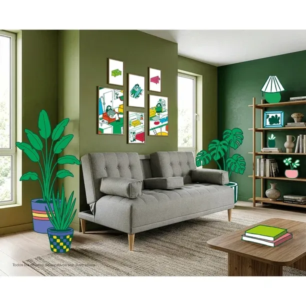 Sofá Cama de Lino Azul Makora Con Portavasos Modelo Queen