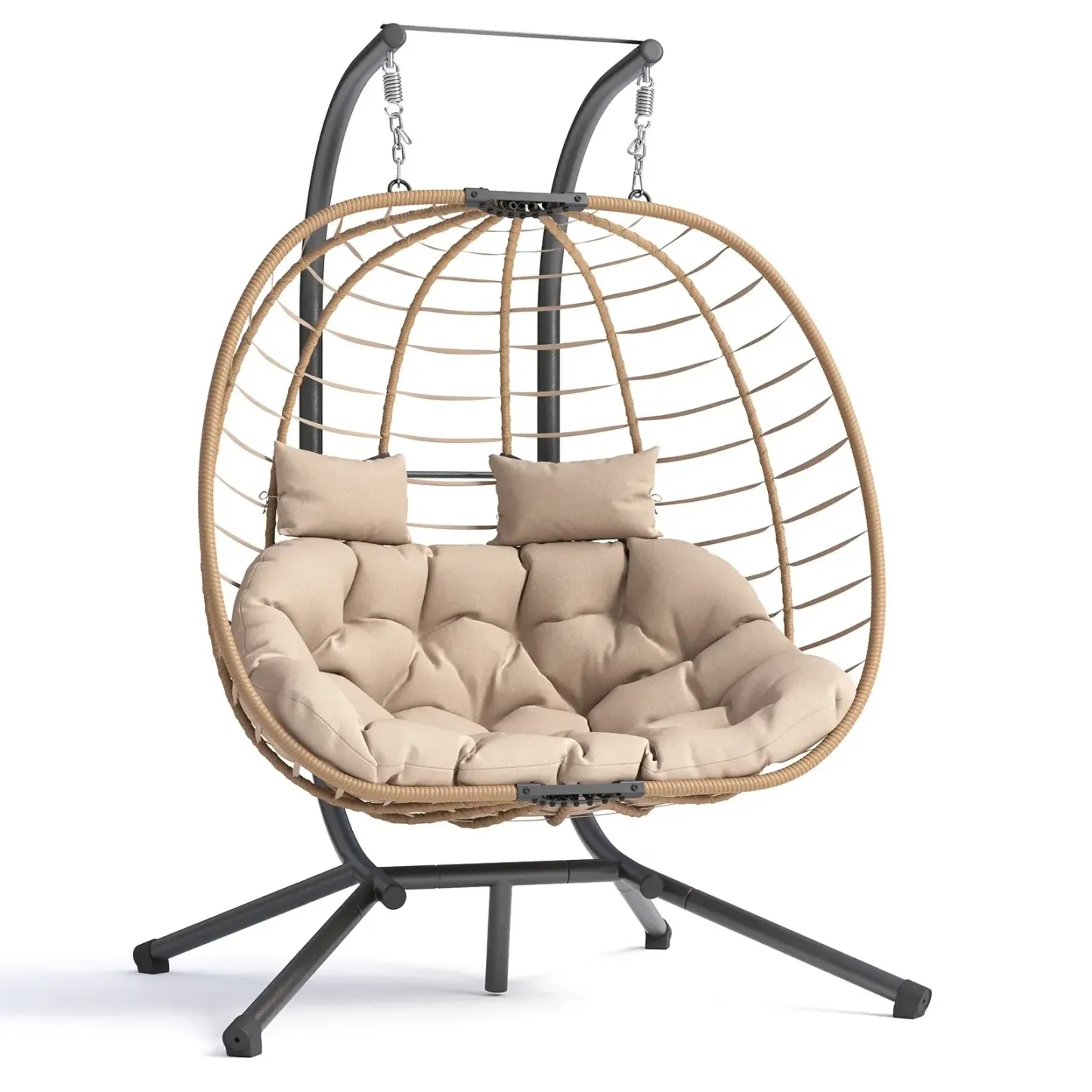 Sillón Colgante Doble de Mimbre (Estilo Huevo) para 2 Personas — Plegable y con Soporte — Banco Colgante para Patio, Balcón, Porche, Interiores y Exteriores