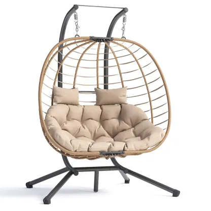 Sillón Colgante Doble de Mimbre (Estilo Huevo) para 2 Personas — Plegable y con Soporte — Banco Colgante para Patio, Balcón, Porche, Interiores y Exteriores
