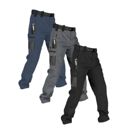 Pantalones de trabajo tácticos impermeables para hombre (color liso) — Set de 3 piezas: sin cinturón, multibolsillos, duraderos; ideales para senderismo al aire libre y uso casual.