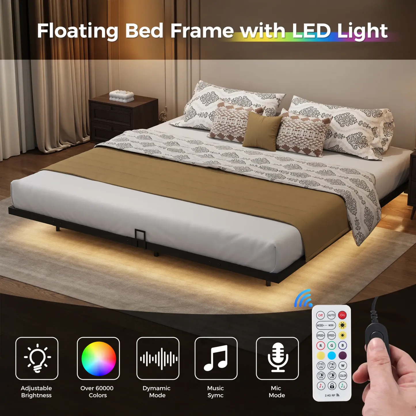 Estructura de cama flotante, base de plataforma metálica con luces LED, estación de carga con 2 tomas de corriente y puertos USB, no requiere somier, antideslizante, silenciosa, fácil montaje.