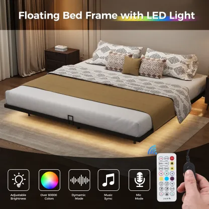 Estructura de cama flotante, base de plataforma metálica con luces LED, estación de carga con 2 tomas de corriente y puertos USB, no requiere somier, antideslizante, silenciosa, fácil montaje.
