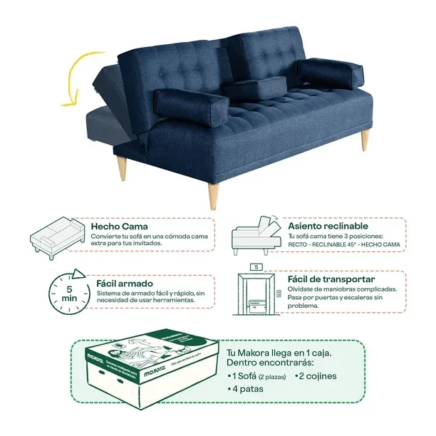 Sofá Cama de Lino Azul Makora Con Portavasos Modelo Queen