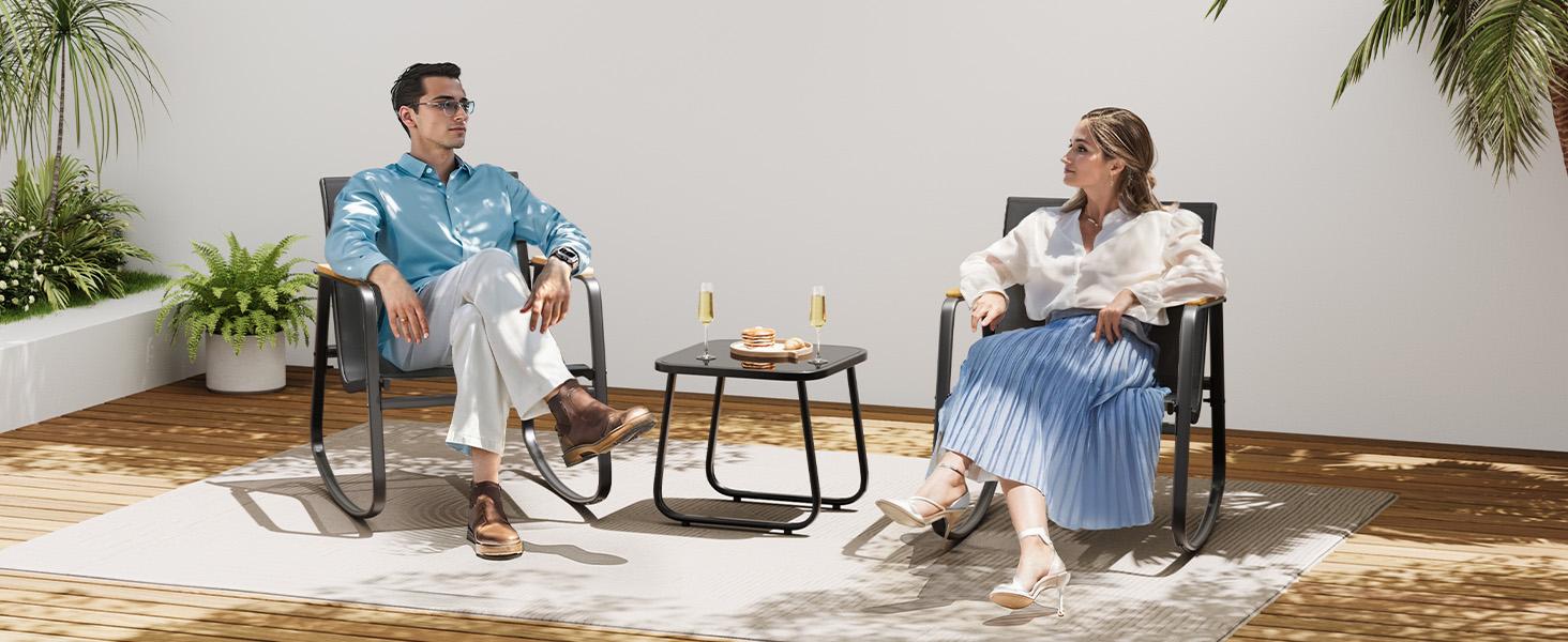 Gizoon 3 Piece Rocking Bistro Set, Textilene Fabric Patio Furniture Set, Front Porch Rocker Chairs with Coffee Table for Lawn, Garden, Balcony, Poolside (Black)