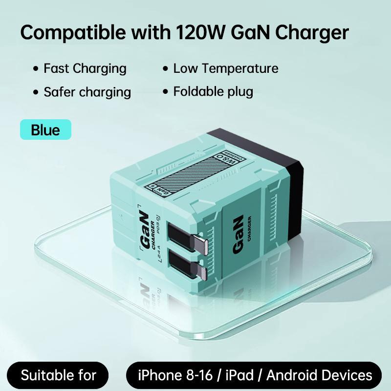 Cargador 4-en-1 GaN 60W – Compatible con USB-C y Lightning Retráctil, Potencia Máxima 120W, Control Inteligente de Temperatura, Carga Segura y Rápida