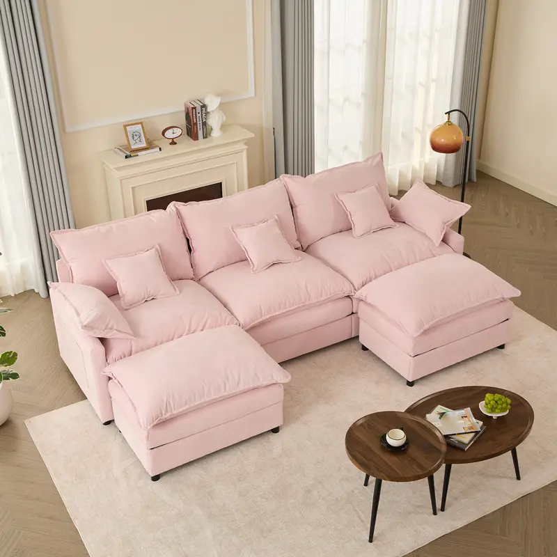 Sofá modular seccional en forma de U de 274 cm - Comfy Cloud de 3 plazas con 2 otomanas móviles, sofá Cloud, sofá de lino con asiento profundo para sala de estar, color beige, diseño cómodo y elegante, color rosa chenilla.