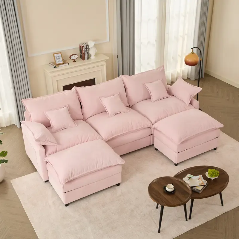 Sofá modular seccional en forma de U de 274 cm - Comfy Cloud de 3 plazas con 2 otomanas móviles, sofá Cloud, sofá de lino con asiento profundo para sala de estar, color beige, diseño cómodo y elegante, color rosa chenilla.