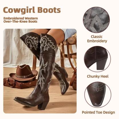 Botas vaqueras altas hasta la rodilla para mujer, estilo vintage, con plataforma bordada y puntiaguda, por encima de la rodilla, con punta cuadrada y tacón grueso, para vacaciones.