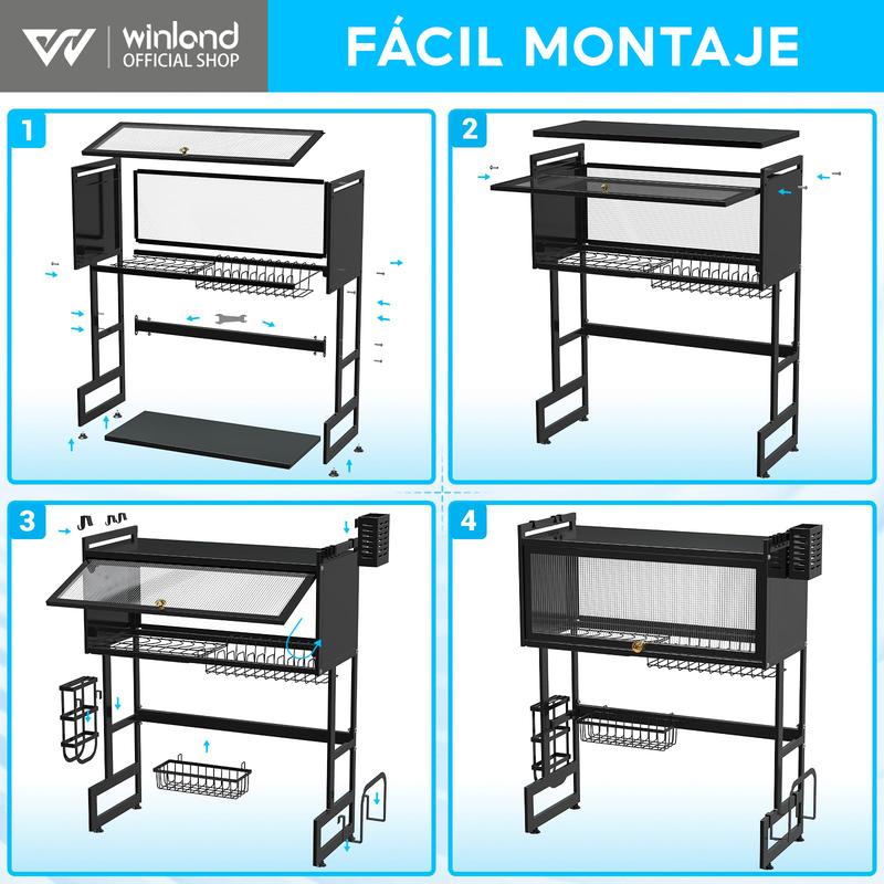 Escurridor De Trastes Acero Inoxidable 85cm Negro con Puertas Abatibles y Soporte para Cuchillos Antimanchas de Aceite y A Prueba de Polvo