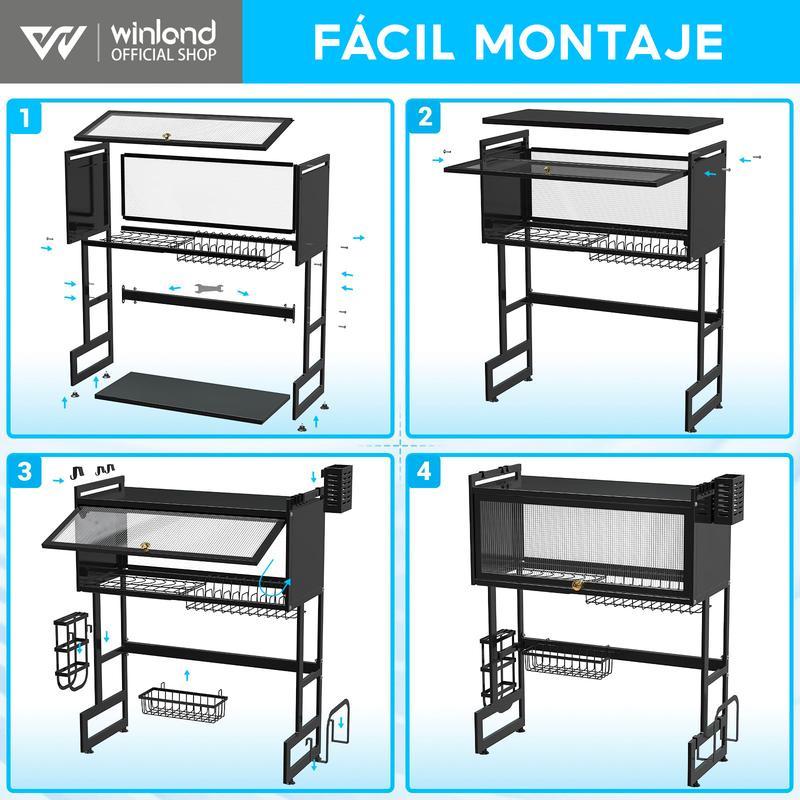 Escurridor De Trastes Acero Inoxidable 85cm Negro con Puertas Abatibles y Soporte para Cuchillos Antimanchas de Aceite y A Prueba de Polvo