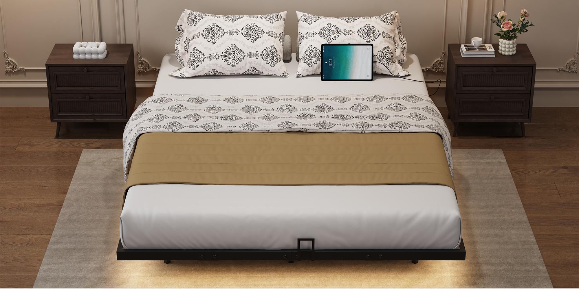 Floating Bed Frame, Metal Platform Bed Frame with LED Lights, Charging Station with 2 Outlets & USB Ports, No Box Spring Needed, Anti-Sliding, Noise Free, Easy Assembly