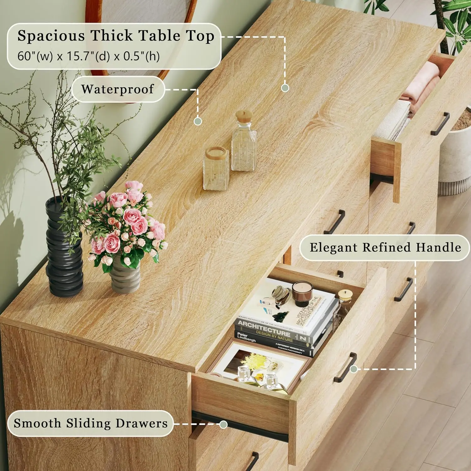 Cómoda para dormitorio con 12 cajones, 152 cm de ancho, estilo moderno de mediados de siglo, con veta de madera natural, cómoda con mueble para TV, organizador de almacenamiento grande, armario, entrada, color natural.