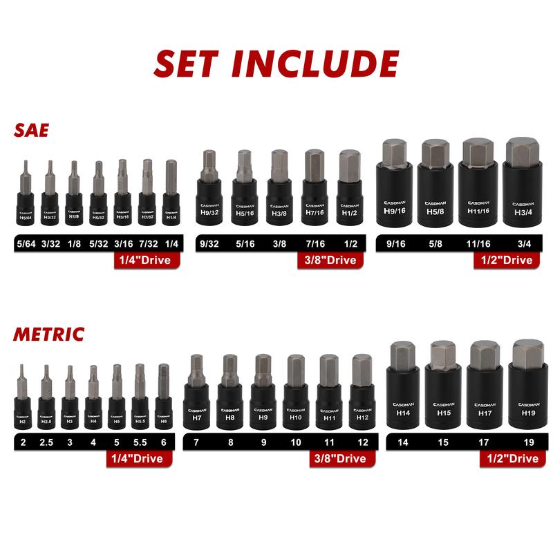 Juego de 71 dados hexagonales y Torx Master con entrada de 1/4", 3/8" y 1/2", SAE métricos, dados de estrella, dados T6, T70, dados E-Torx, E4 y E24, con estuche.