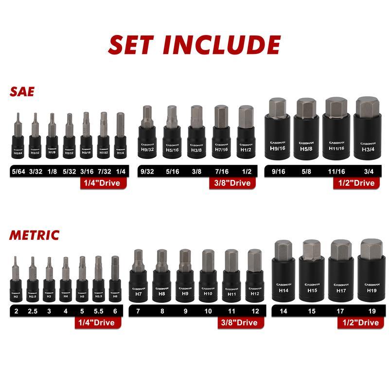 Juego de 71 dados hexagonales y Torx Master con entrada de 1/4", 3/8" y 1/2", SAE métricos, dados de estrella, dados T6, T70, dados E-Torx, E4 y E24, con estuche.