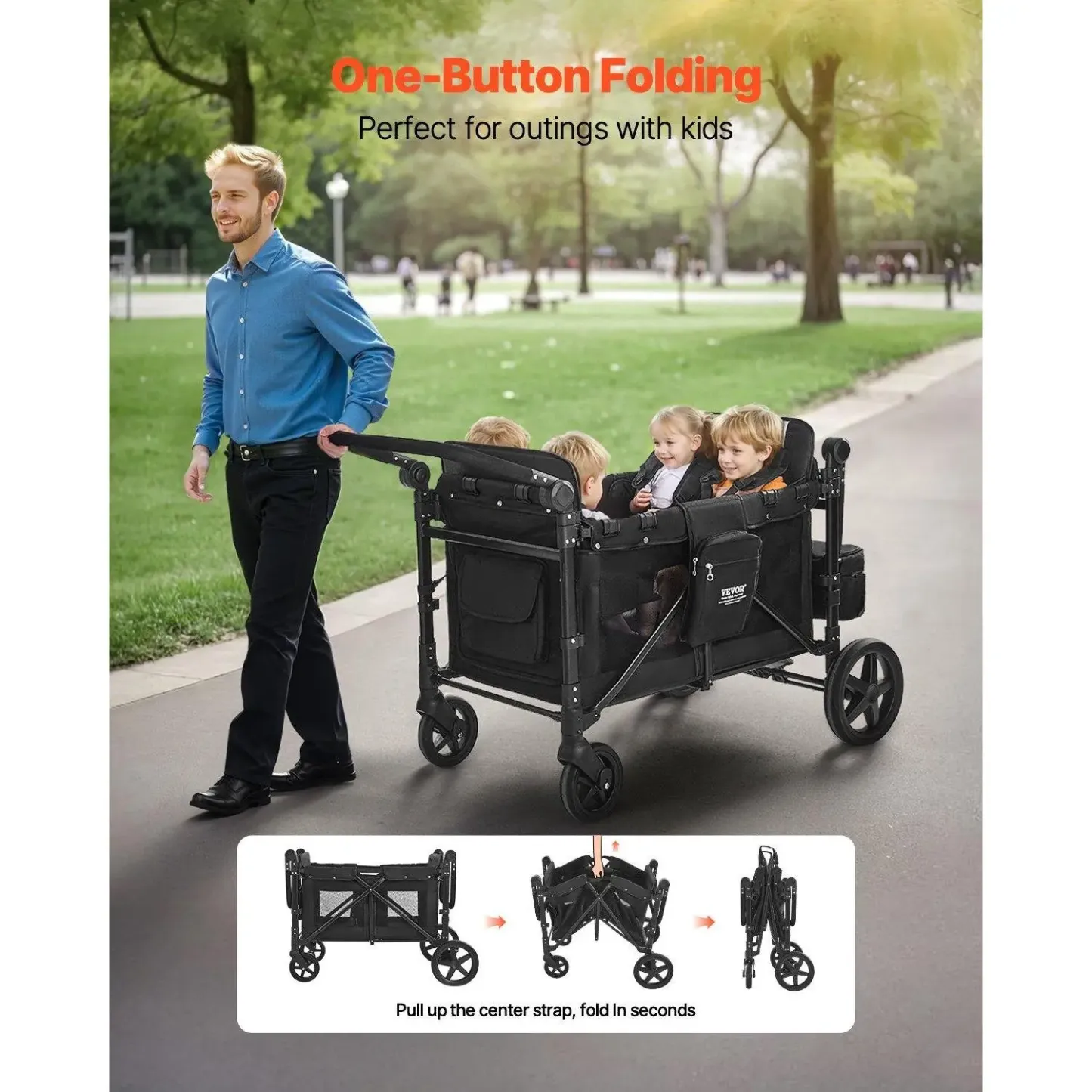 Cochecito plegable para 4 niños, de empuje y tracción, con capacidad de 330 libras