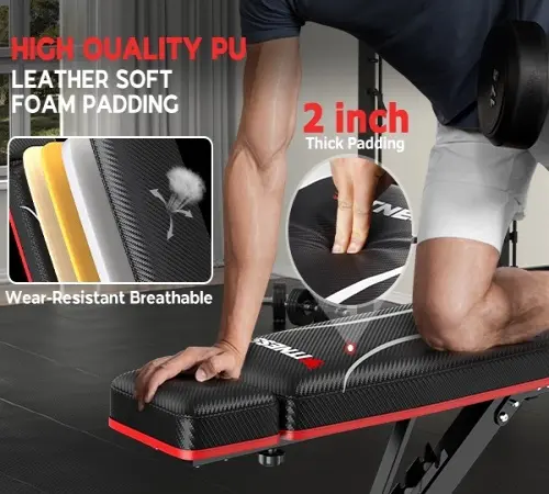 Banco de pesas plegable, capacidad de carga de 880 lb (los discos de peso no están incluidos). Banco de entrenamiento para press de banca en gimnasio en casa; equipo de ejercicio con posiciones de inclinación, declinación y abdominales, que incluye extens