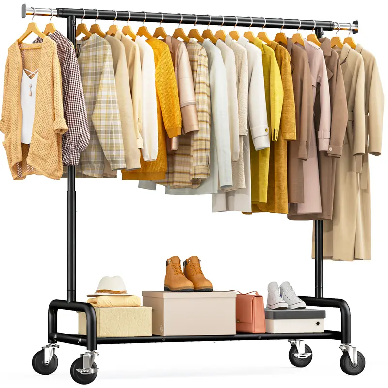 Perchero de alta resistencia de 75 pulgadas (extra ancho), capacidad de 450 libras, con 4 ganchos y ruedas con freno; perchero metálico para ropa, ideal para dormitorios, lavaderos y uso comercial.
