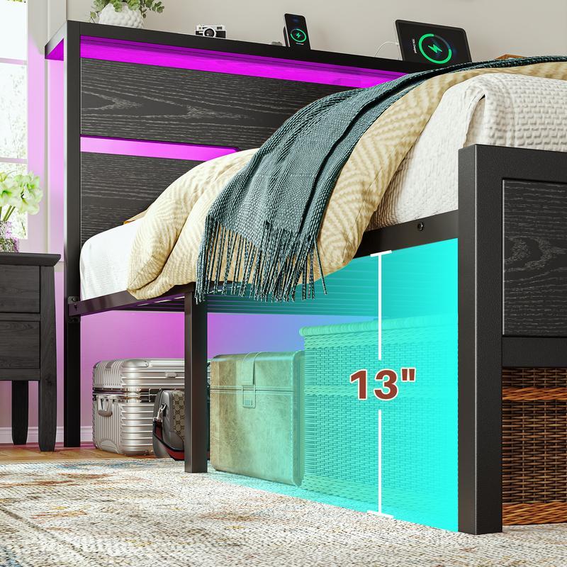 Marco de cama de madera para cama Queen King Full con cabecero y estante de almacenamiento, marco de cama tamaño Queen con luces LED y estación de carga, sin colchón, soporta hasta 900 libras con listones y marco de metal, sin ruido