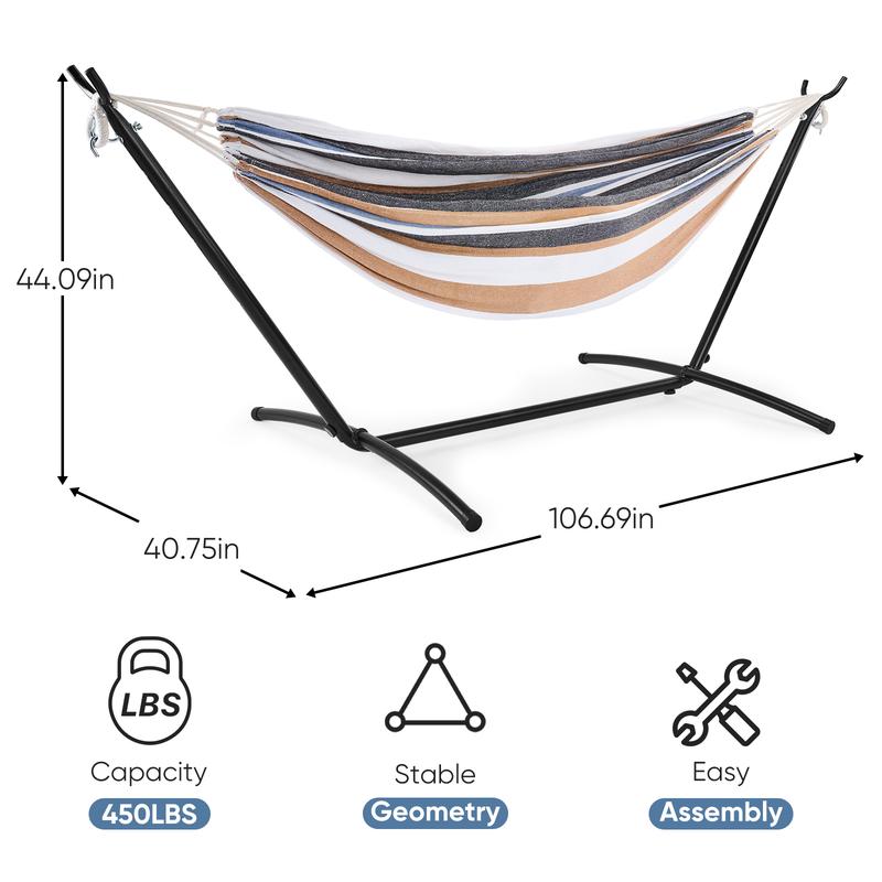 Hamaca con Soporte Ahorra Espacio, Estructura de Acero Resistente, Portátil para Interior y Exterior, Capacidad 450 lbs, Ensamblaje Fácil, Incluye Bolsa de Transporte