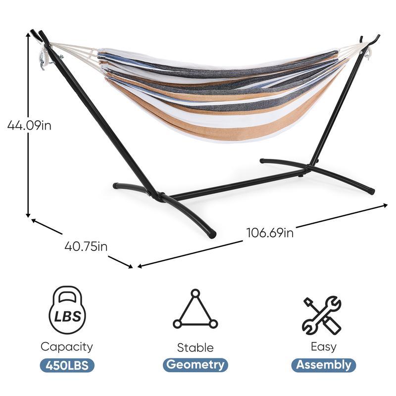 Hamaca con Soporte Ahorra Espacio, Estructura de Acero Resistente, Portátil para Interior y Exterior, Capacidad 450 lbs, Ensamblaje Fácil, Incluye Bolsa de Transporte