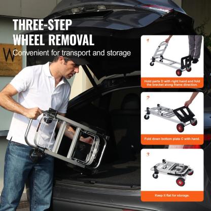 Carretilla plegable de aluminio, diseño 2 en 1, capacidad máxima de 800 libras, carro industrial plegable de alta resistencia, carro con ruedas de goma para transporte y mudanzas en almacenes, supermercados y jardines.