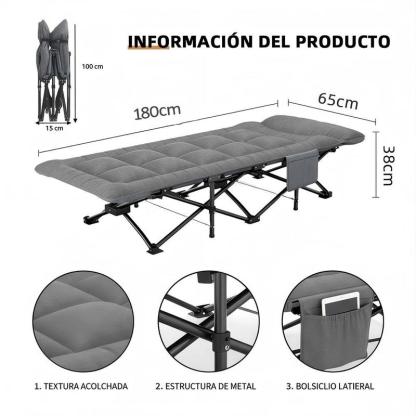 Cama Plegable Extra Grande Gris de 65*180 Cm para Exteriores – Portátil para Camping, Estadios, Viajes y Oficina. Estructura de Metal Resistente con Bolsillos Laterales de Almacenamiento.