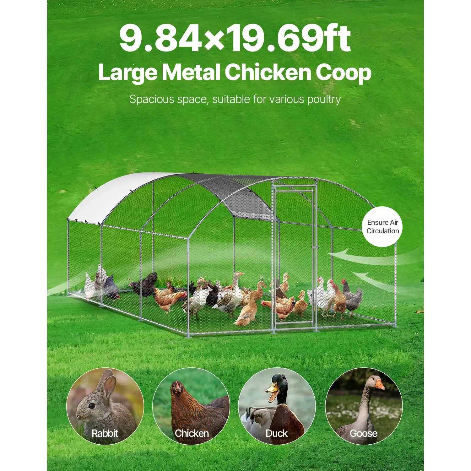 Gallinero metálico de 9.8 x 19.3 x 6.5 pies — Amplio corral transitable con cubierta, recinto para gallinas con techo abovedado y cerradura de seguridad; jaula exterior para patos, conejos y aves de corral, ideal para patios traseros, granjas y jardines.