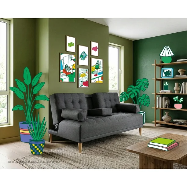 Sofá Cama de Lino Azul Makora Con Portavasos Modelo Queen