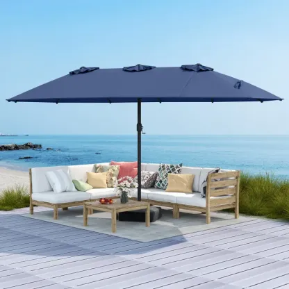 Sombrilla solar para patio de 15 pies con base — Sombrilla doble extra grande para exteriores, con 36 luces LED y manivela; ideal para jardín, terraza, piscina y patio.