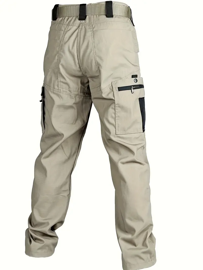 Pantalones de trabajo tácticos impermeables para hombre (color liso) — Set de 3 piezas: sin cinturón, multibolsillos, duraderos; ideales para senderismo al aire libre y uso casual.