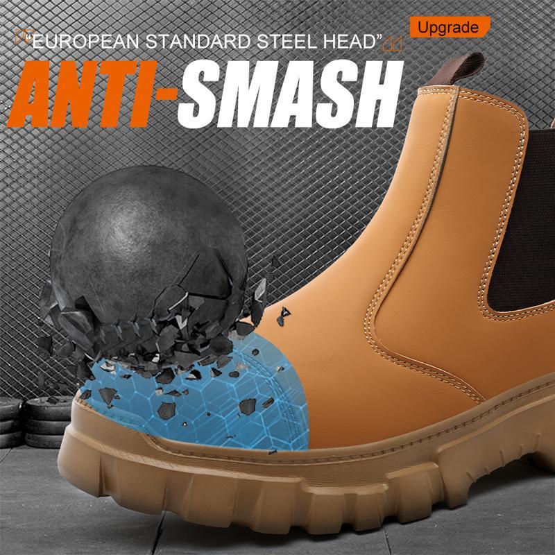 Zapatos de trabajo ligeros de color marrón con puntera de acero, antideslizantes, resistentes a salpicaduras, a impactos y a perforaciones, y transpirables.