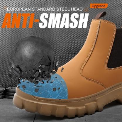 Zapatos de trabajo ligeros de color marrón con puntera de acero, antideslizantes, resistentes a salpicaduras, a impactos y a perforaciones, y transpirables.