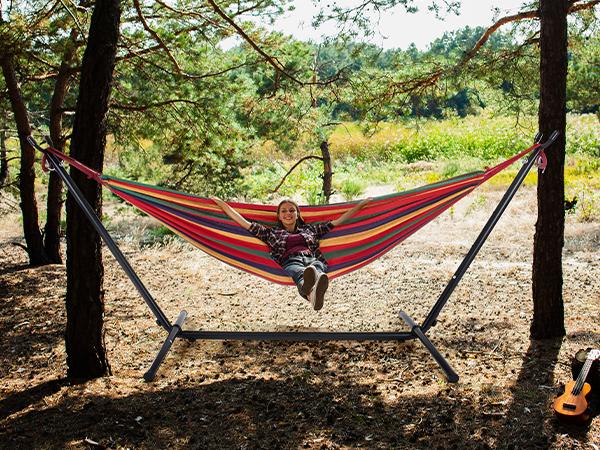 Double Hammock with Space Saving Steel Stand Heavy Duty 2 Person Standing Hammocks 450lb Capacity for Outside Garden Yard with Portable Carrying Bag