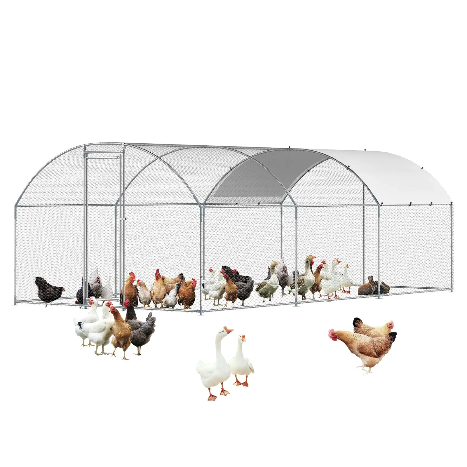 Gallinero metálico de 9.8 x 19.3 x 6.5 pies — Amplio corral transitable con cubierta, recinto para gallinas con techo abovedado y cerradura de seguridad; jaula exterior para patos, conejos y aves de corral, ideal para patios traseros, granjas y jardines.